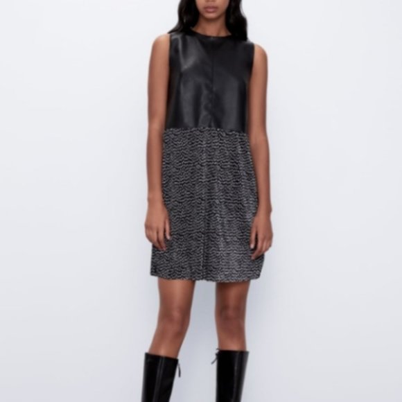 Zara Dresses & Skirts - LIKE NEW Zara Black Faux Leather Sleeveless Pleated Polka Dot Dress Size Small
